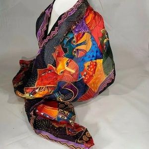 Laurel Burch 100% Silk 52" Long Cat Face Scarf